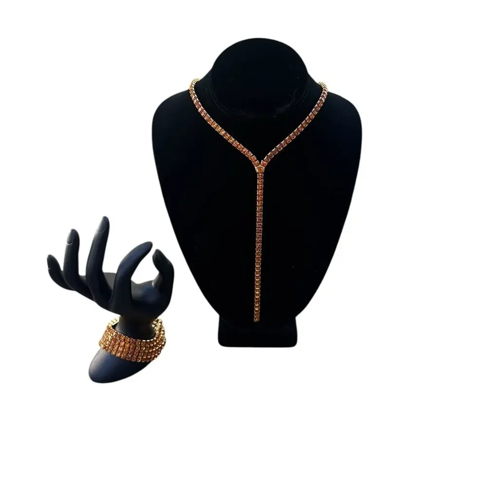 Vintage Swarovski Y Drop Necklace & Bracelet Set Amber Yellow Crystals Gold Tone